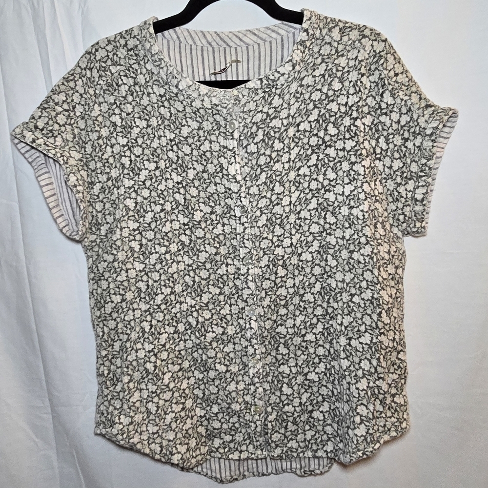 Faherty Short Cap Sleeve Reversible Striped Ditzy Floral Button Front Top, sz L - Picture 2 of 8